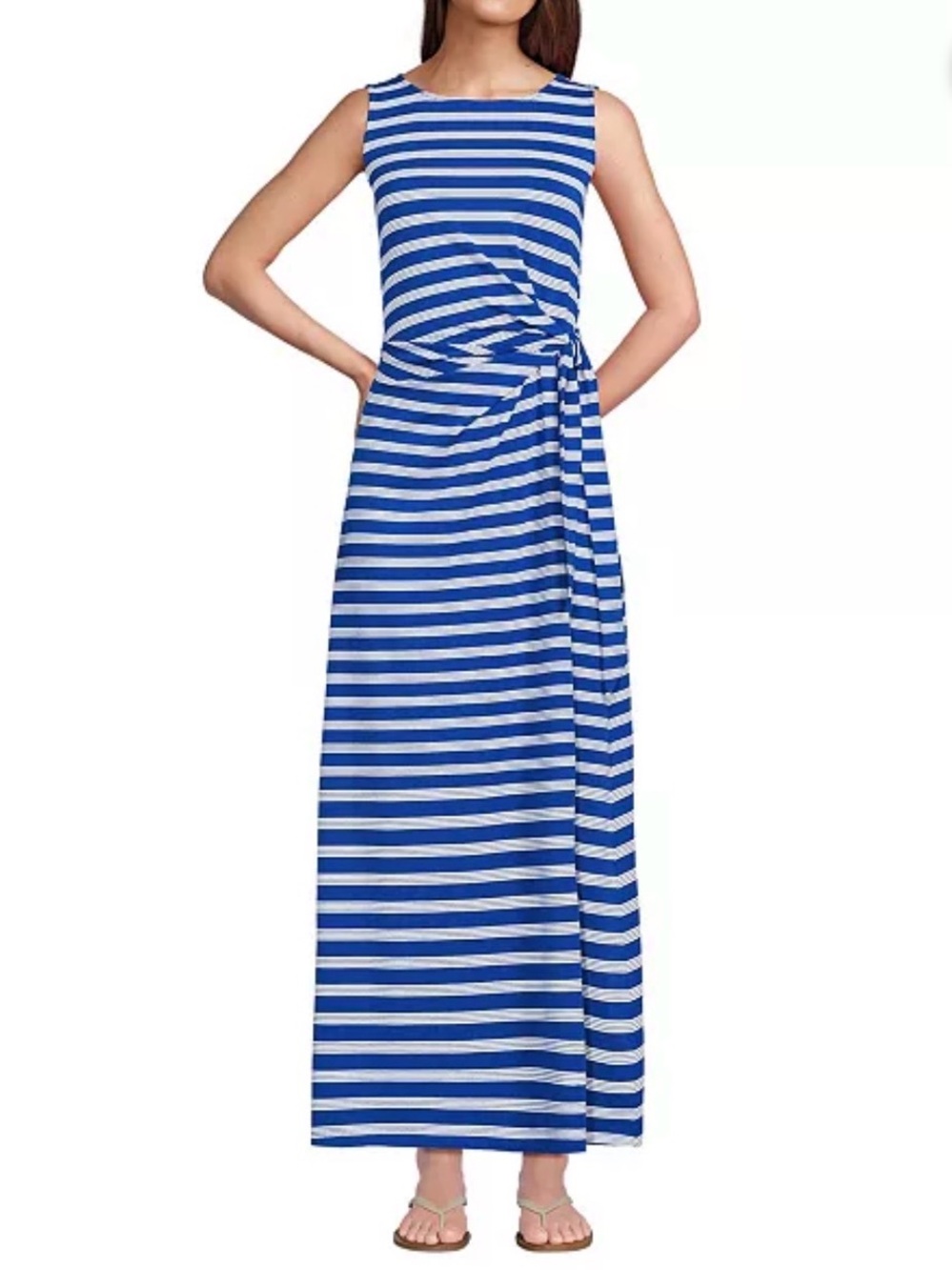 Lands End Cotton Modal Sleeveless Tie Waist Maxi Dress Sapphire Blue Small Tall